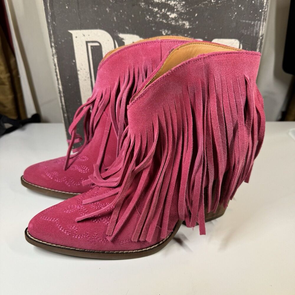 dingo Pink Suede Fringe Ankle Boots